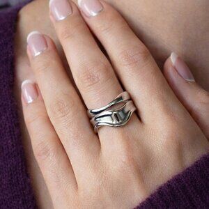 18K White Gold Plated Stainless Steel Open Adjustable Wave Ring Minimalist